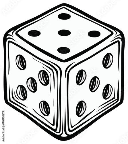 Single die illustration showing different numbers, black line art style dice, game, risk and probability vector illustration