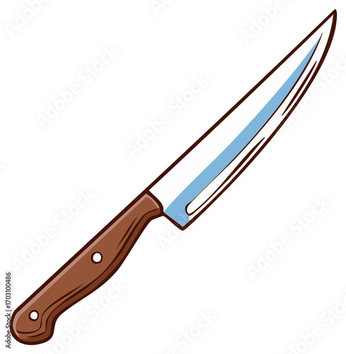 Simple cartoon style kitchen knife with sharp blade and wooden handle vector illustration