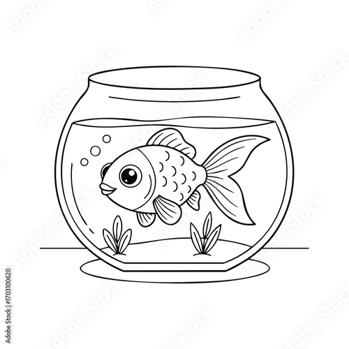 A detailed black and white line drawing of a goldfish swimming inside a round fishbowl with aquatic plants and bubbles