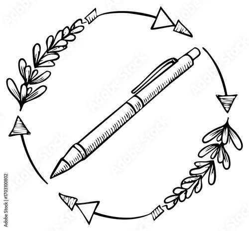 Illustration of pen surrounded by floral elements and arrows in a circle