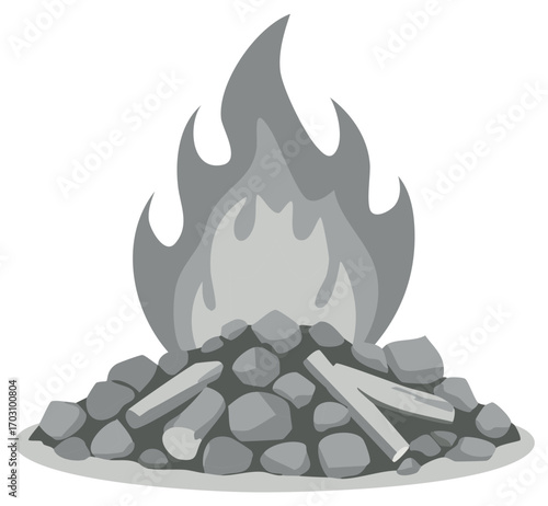 Grayscale vector illustration of a burning campfire with logs and a stone ring
