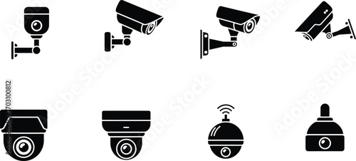 Set of CCTV camera icons, security camera silhouettes, surveillance system illustration, vector black icons, home safety, monitoring device design