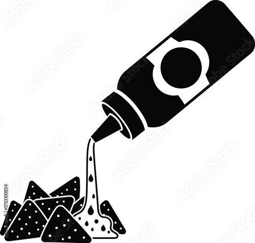 A silhouette of nachos with sauce pouring from a bottle, perfect for food related designs