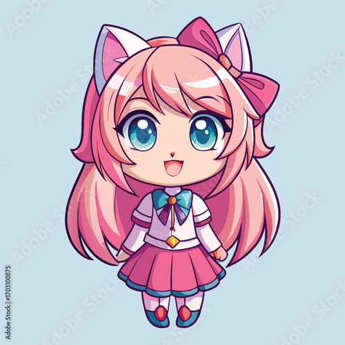 Cute cartoon cat girl with pink hair smiling sweetly in flat kawaii illustration