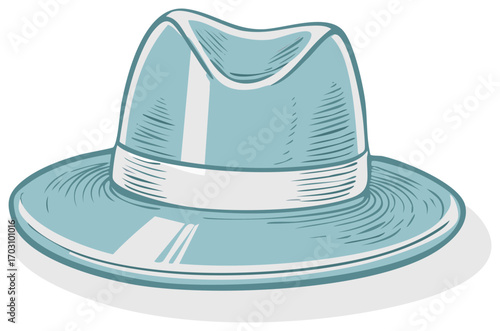 Light Blue Illustrated Fedora Hat with Elegant White Band and Subtle Shadow