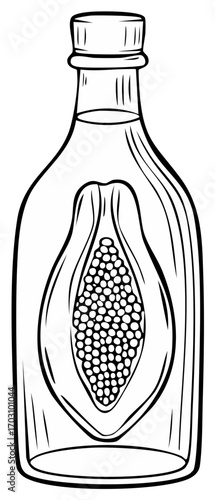 Bottle graphic with seeds within stylized half papaya fruit illustration