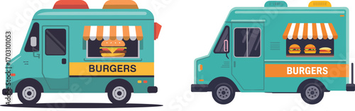 Colorful burger food trucks, street food vans illustration, mobile burger kitchen, fast food delivery concept, flat vector design, cartoon style