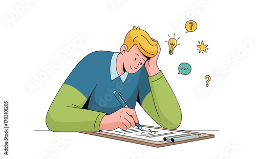 Creative thinker brainstorming ideas with pen and paper illustration