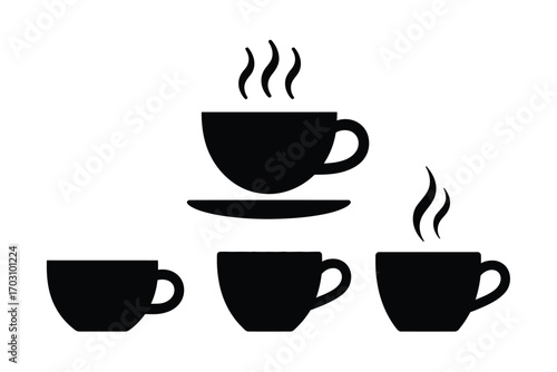 Black coffee cups with steam and saucers black silhouettes hot drinks