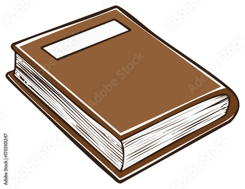 Simple illustration of a closed brown hardcover book with a blank white label on the cover