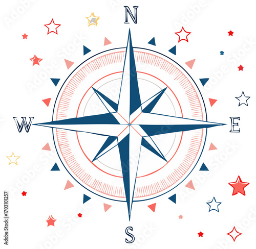 Nautical Compass Rose with Stars and Triangles