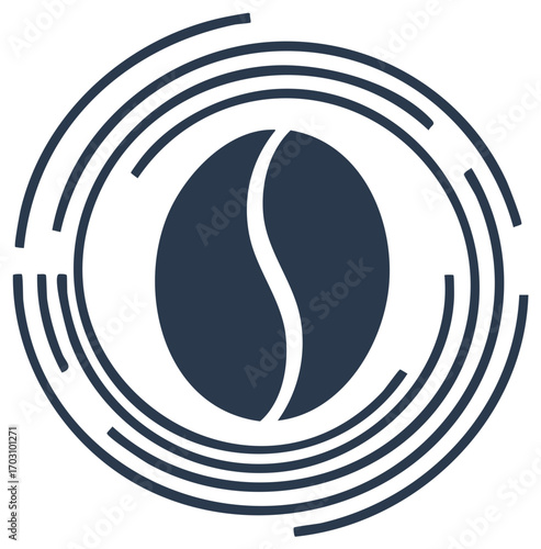 Abstract coffee bean icon within radiating lines, modern cafe design