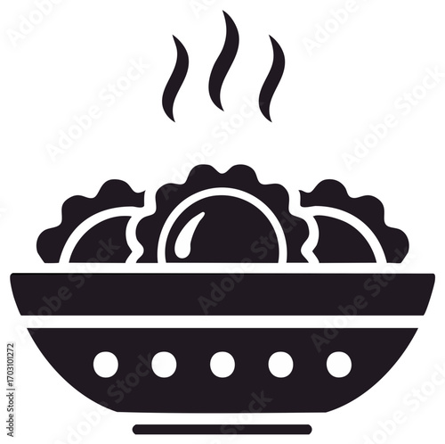 Simple Glyph Icon of a Steaming Bowl of Hot Dumplings or Pierogi