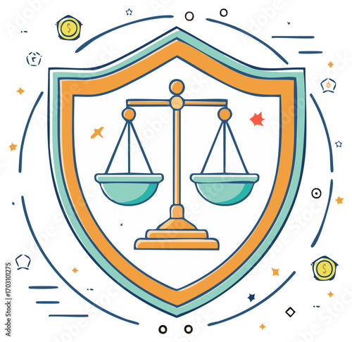 Shield protecting justice scales symbol of law security and financial balance