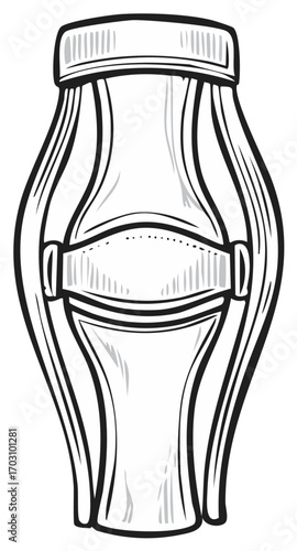 Human knee joint skeletal illustration, black and white vector.