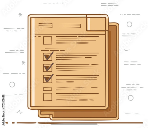 Illustrated document with a checklist showing completed tasks and successful progress achievement