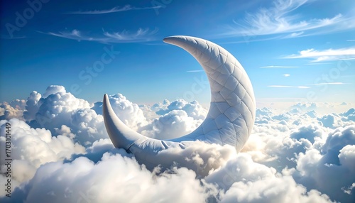 A large, white crescent moon floats above fluffy, white clouds against a clear blue sky