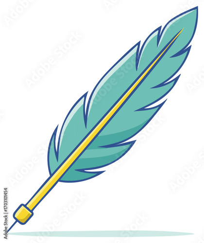 Decorative teal quill pen with yellow stem writing on a white surface illustration