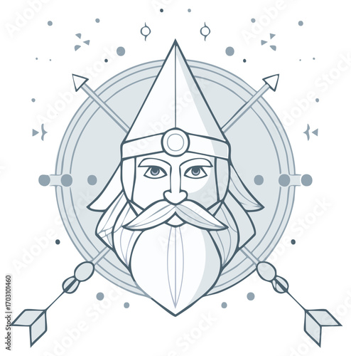 Geometric illustration of a mythical warrior head featuring a beard, pointed helmet, and crossed arrows in a circular emblem