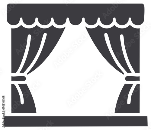 Theater stage curtains open revealing performance space icon. Show business event drama opera ballet concept.