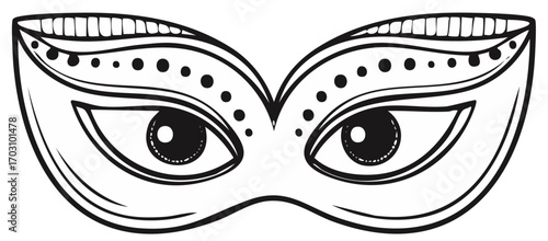 Stylized black and white masquerade mask with ornate eye details and decorative dots