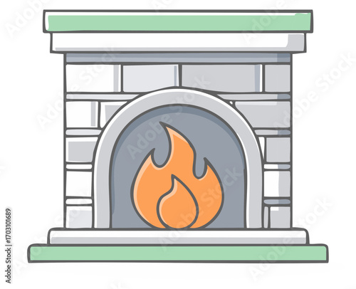 Cartoon fireplace with a warm glowing fire and a green mantle