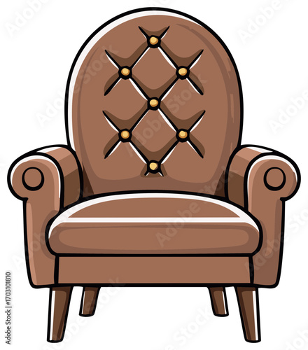 Cartoon Brown Armchair with Tufted Back and Cushion for Reading or Relaxation