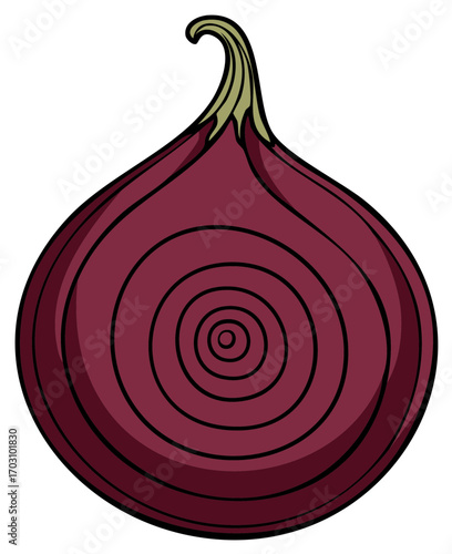 Illustrated whole red onion vegetable with a stylized cross section pattern of concentric rings