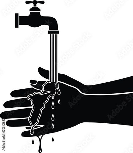 Silhouette of hands washing under running water, promoting hygiene and sanitation