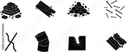 Construction materials and damage icons: bricks, wooden logs, coal, nails, bent rods, damaged barrel, cracked concrete, broken roofing silhouettes.