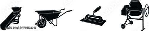 Construction tools vector set: conveyor belt, wheelbarrow, plastering trowel, and portable cement mixer silhouette icons.