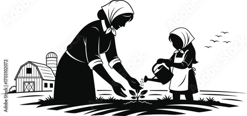 Mother and daughter planting seedling, cultivating growth and nurturing family bonds in rural setting