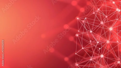 A red gradient background featuring a white network of connected nodes and lines forming a digital-style pattern, evokes ideas of connectivity, technology, and modern communication.