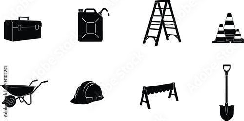 Silhouette vector set of construction site tools and equipment including ladder, helmet, traffic cones, toolbox, and wheelbarrow.