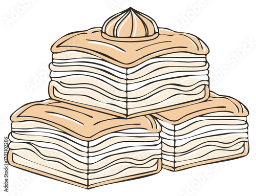 Traditional layered sweet dessert pastries stacked illustration with cream topping