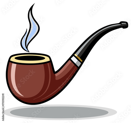 Classic Smoking Pipe with Smoke Cartoon Illustration, Tobacco Relaxation, Vector Drawing