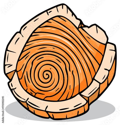 Vibrant orange tree log cross section vector illustration with spiral wood rings