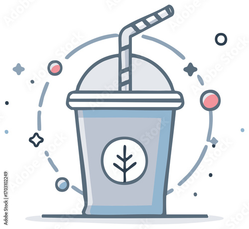 Iced drink illustration with leaf icon, plastic cup with lid and straw, abstract elements