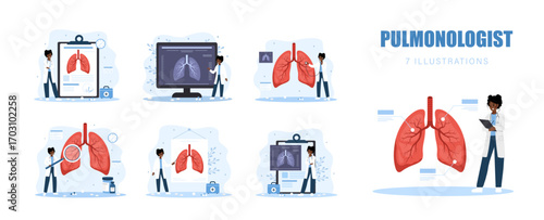Pulmonologist concept. Set of african Female doctors. Respiratory system disease. Vector illustration in flat cartoon style.
