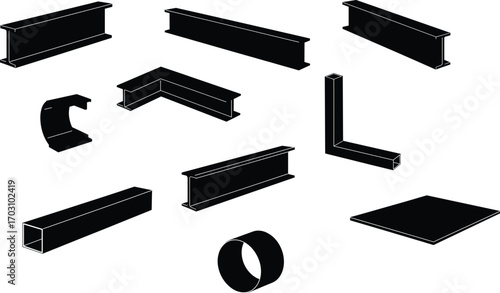 Steel structural shape silhouette set including I-beams, channels, angles, and tubes — vector icons for construction, architecture, and engineering projects.