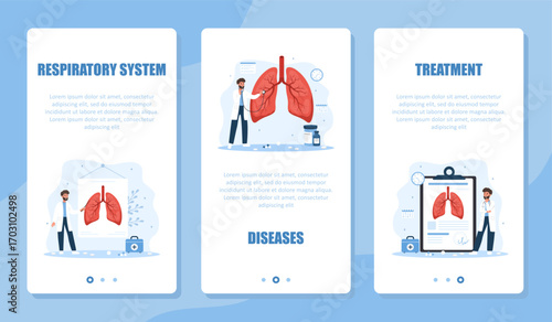 Pulmonology banner set. Lungs exam and treatment. Male pulmonologist make diagnosis and choose therapy. X ray and fluorography concept. Vector illustration in flat cartoon style.