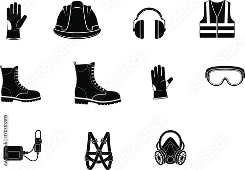 Construction safety equipment icons set including gloves, helmet, earmuffs, safety vest, boots, goggles, harness, respirator, essential personal protective gear.