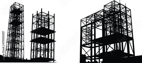 Steel structure building under construction silhouette, industrial construction frame design, high-rise architecture, scaffolding, engineering development process vector illustration set.