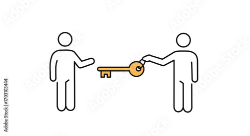Stick figures exchanging a key, representing handover or access.