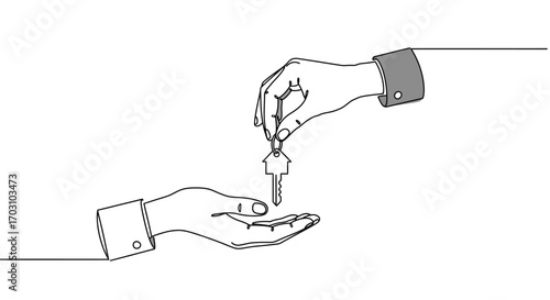 Vector Line Art of Hand Giving Key to Another Hand – Symbol of Property Handover and Real Estate Transaction