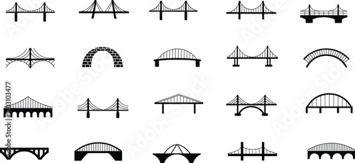 Collection of various bridge icons, architectural bridge silhouettes, vector bridge illustrations, construction design elements for infrastructure, transport, civil engineering use.