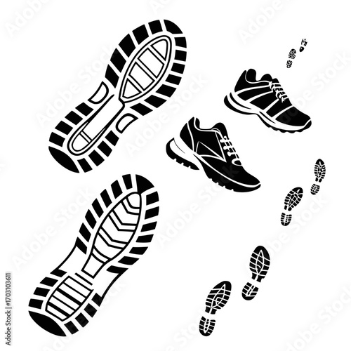Black silhouette of running shoes shoe prints and shoe soles on a white background