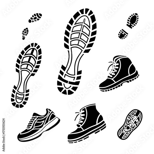 Collection of black shoe sole prints and footwear icons on a white background