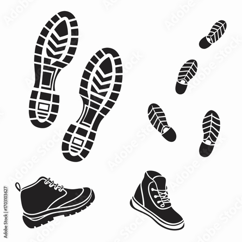 Collection of black silhouette footwear and footprints on a white background