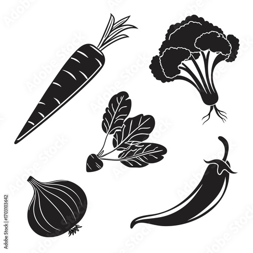 Collection of stylized black silhouette vegetables including a carrot broccoli onion chili pepper and beet greens